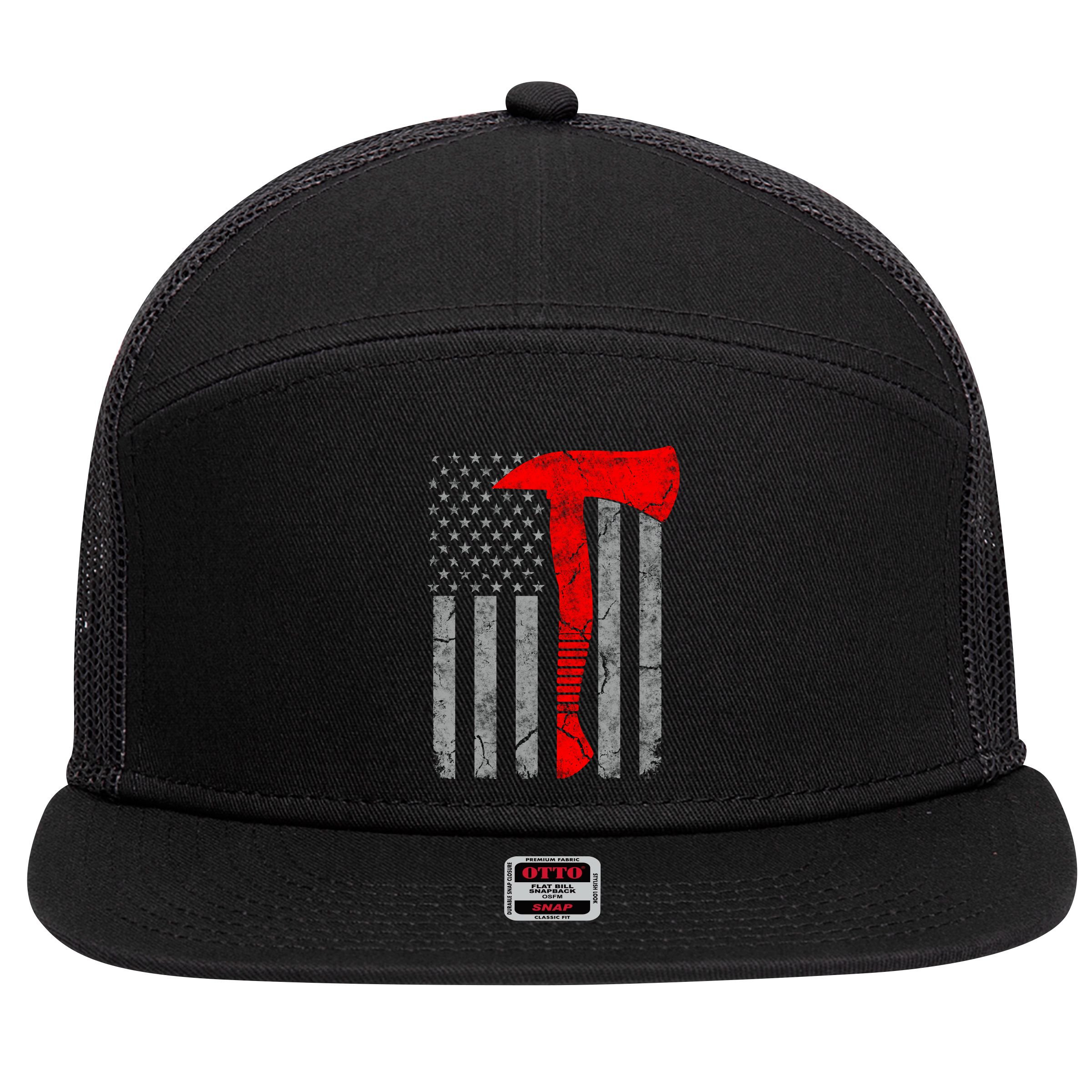 Distressed American Patriot Red Line Axe Firefighter Flag Gift 7 Panel Mesh Trucker Snapback Hat