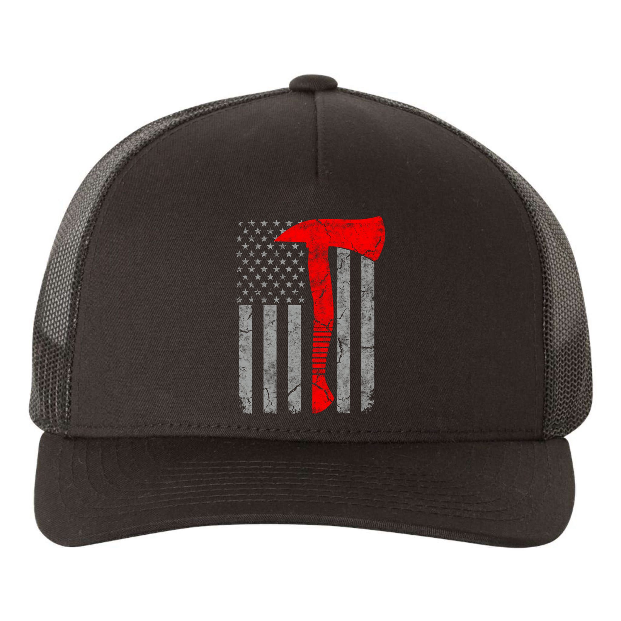 Distressed American Patriot Red Line Axe Firefighter Flag Gift Yupoong Adult 5-Panel Trucker Hat