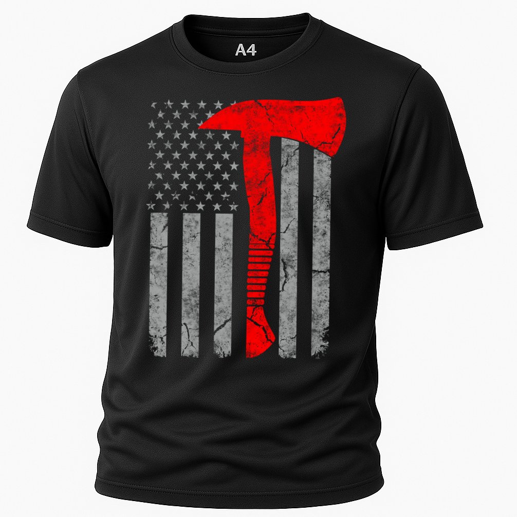 Distressed American Patriot Red Line Axe Firefighter Flag Gift Cooling Performance Crew T-Shirt