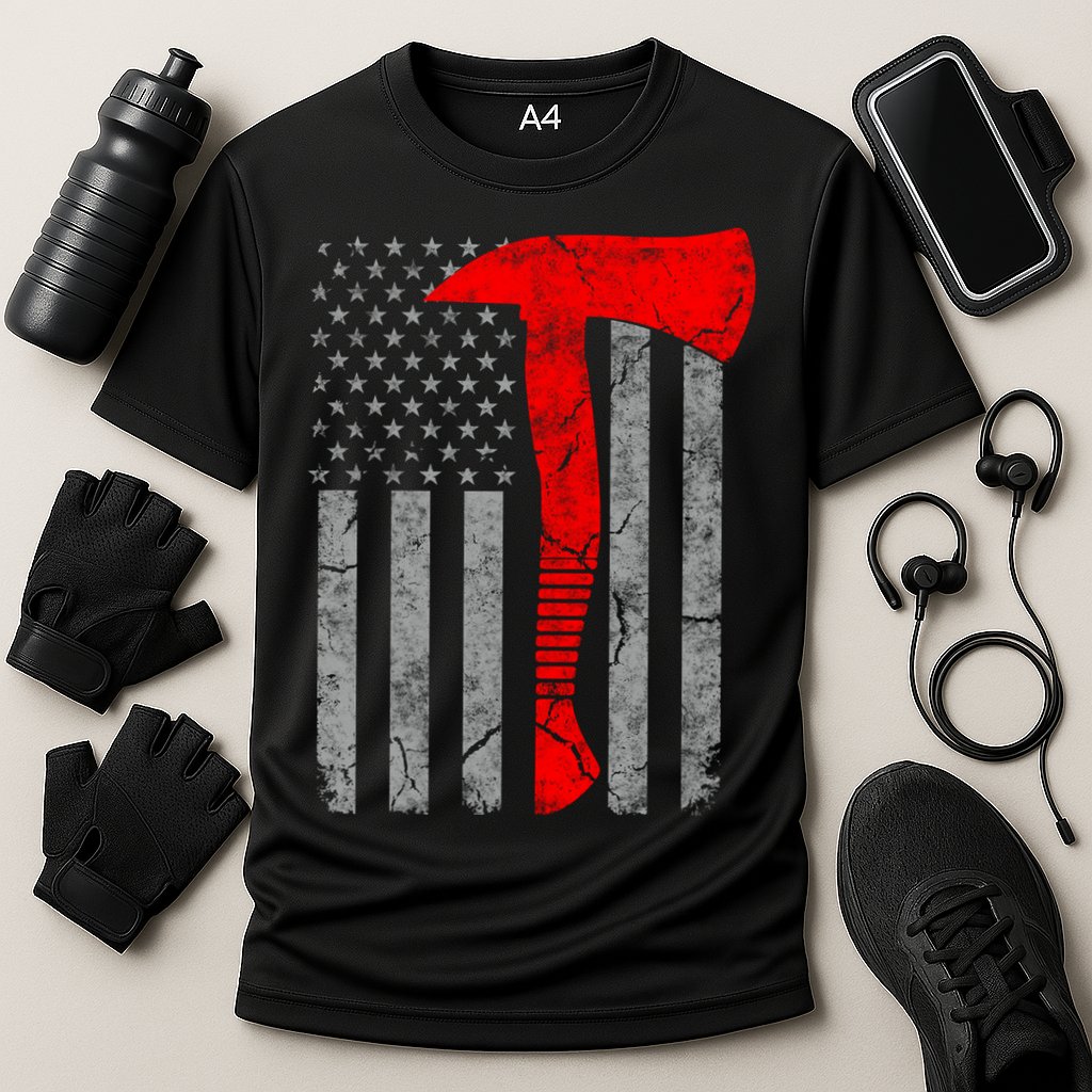 Distressed American Patriot Red Line Axe Firefighter Flag Gift Cooling Performance Crew T-Shirt