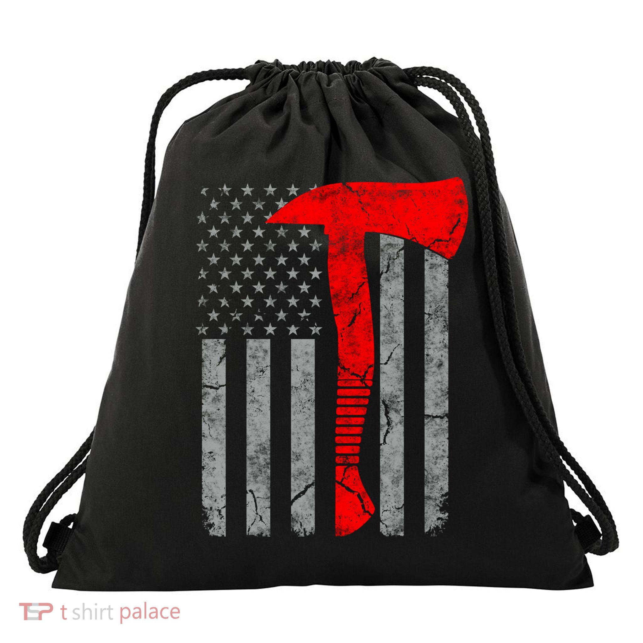 Distressed American Patriot Red Line Axe Firefighter Flag Gift Drawstring Bag