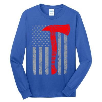 Distressed American Patriot Red Line Axe Firefighter Flag Gift Tall Long Sleeve T-Shirt