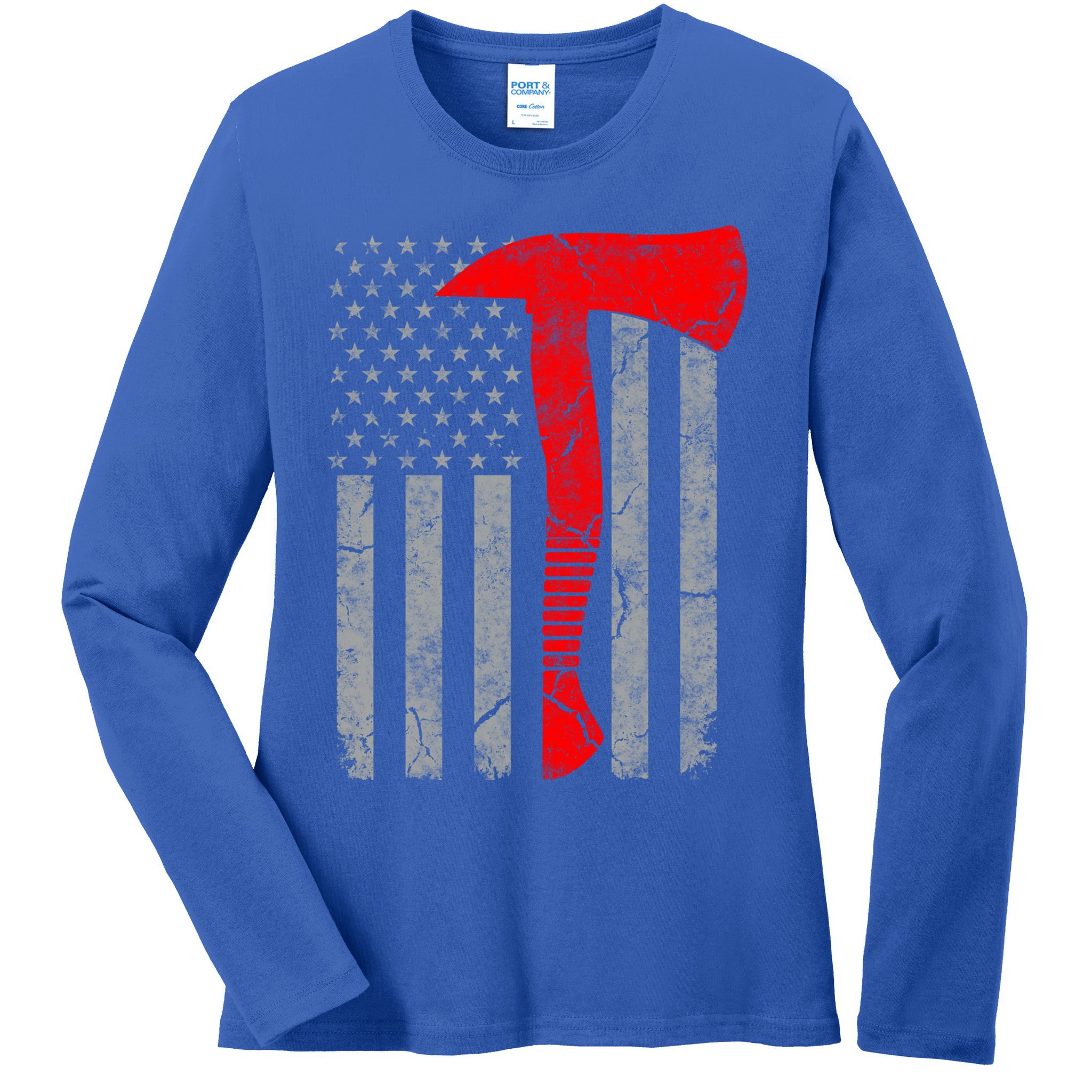 Distressed American Patriot Red Line Axe Firefighter Flag Gift Ladies Long Sleeve Shirt