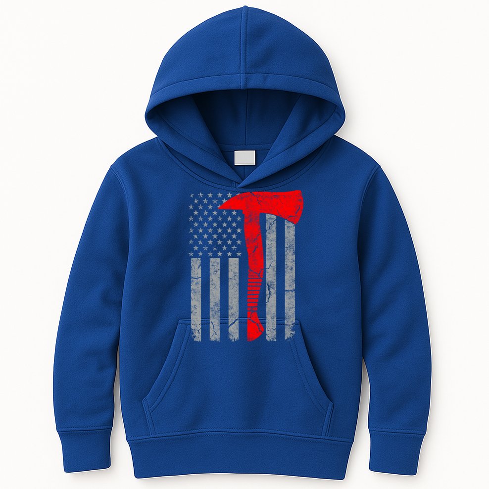 Distressed American Patriot Red Line Axe Firefighter Flag Gift Kids Hoodie