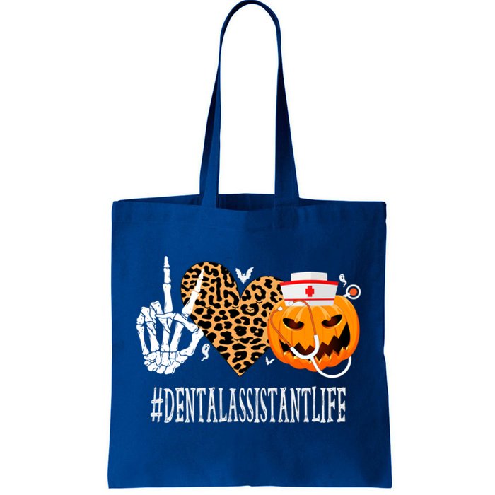 Dental Assistant Peace Love Pumpkin Funny Halloween Leopard Gift Tote Bag