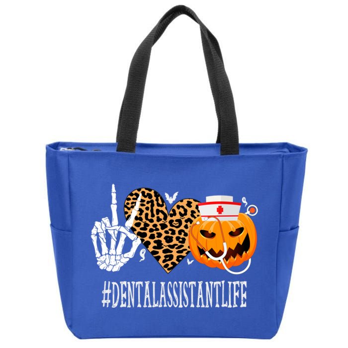 Dental Assistant Peace Love Pumpkin Funny Halloween Leopard Gift Zip Tote Bag