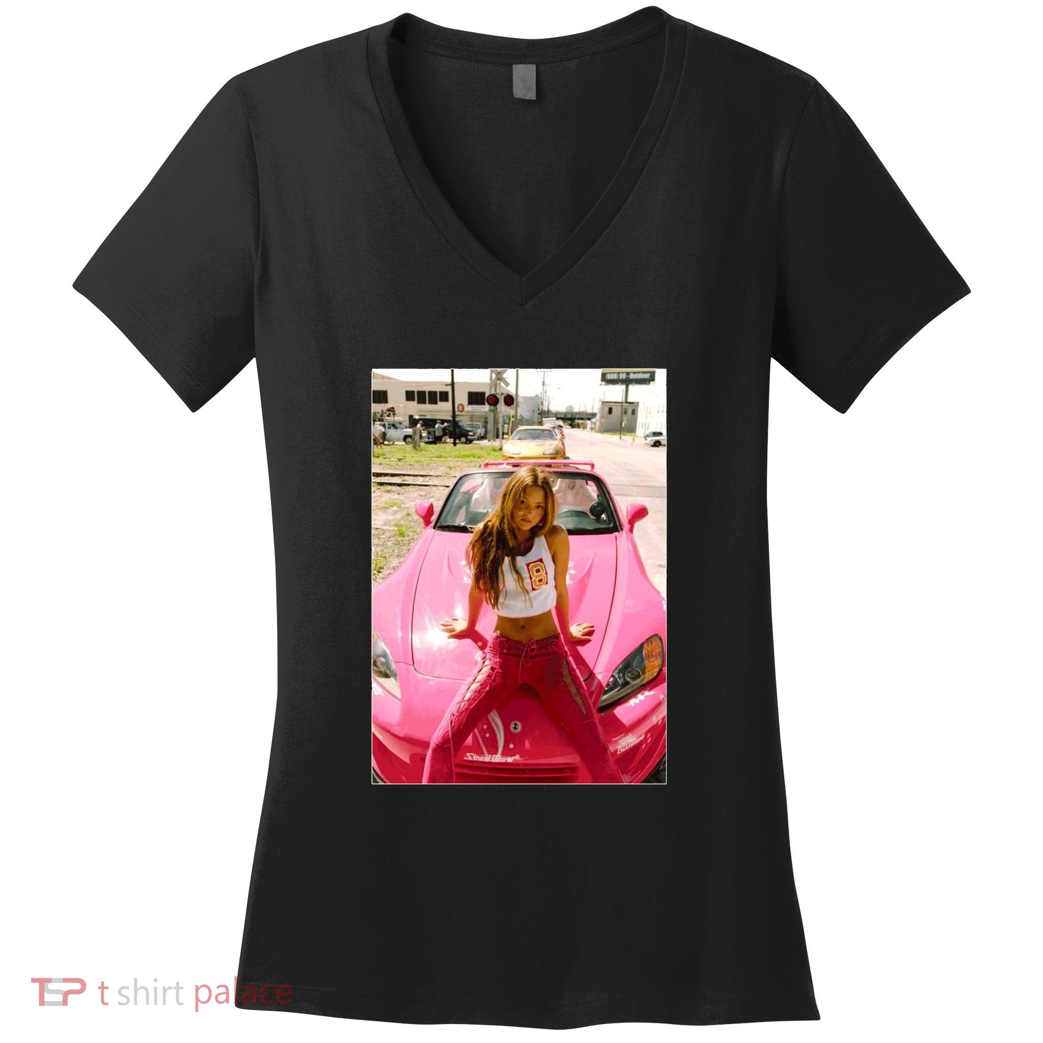 Devon Aoki Pink Race Car Women's V-Neck T-Shirt