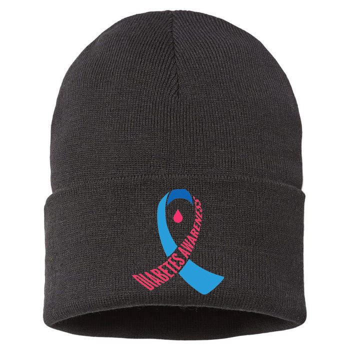 Diabetes Awareness Ribbon With Blood Drop Design Sustainable Knit Beanie