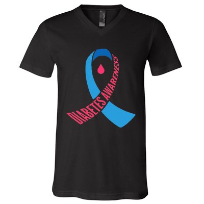 Diabetes Awareness Ribbon With Blood Drop Design V-Neck T-Shirt