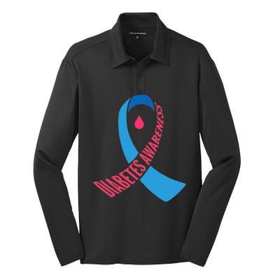 Diabetes Awareness Ribbon With Blood Drop Design Silk Touch Performance Long Sleeve Polo