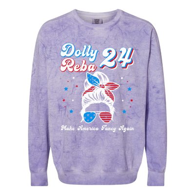 Dolly And Reba 2024 Make America Fancy Again Messy Bun Colorblast Crewneck Sweatshirt