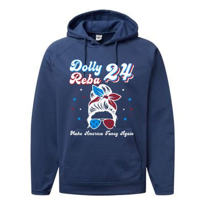 Dolly And Reba 2024 Make America Fancy Again Messy Bun Performance Fleece Hoodie