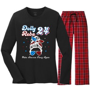 Dolly And Reba 2024 Make America Fancy Again Messy Bun Women's Long Sleeve Flannel Pajama Set 