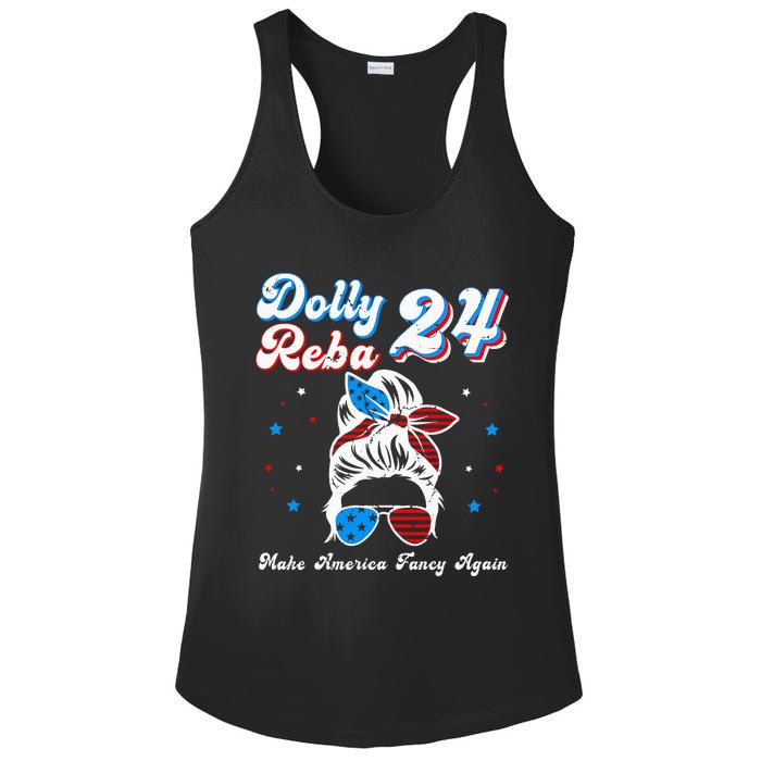 Dolly And Reba 2024 Make America Fancy Again Messy Bun Ladies PosiCharge Competitor Racerback Tank