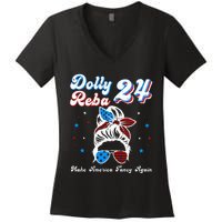 Dolly And Reba 2024 Make America Fancy Again Messy Bun Women's V-Neck T-Shirt