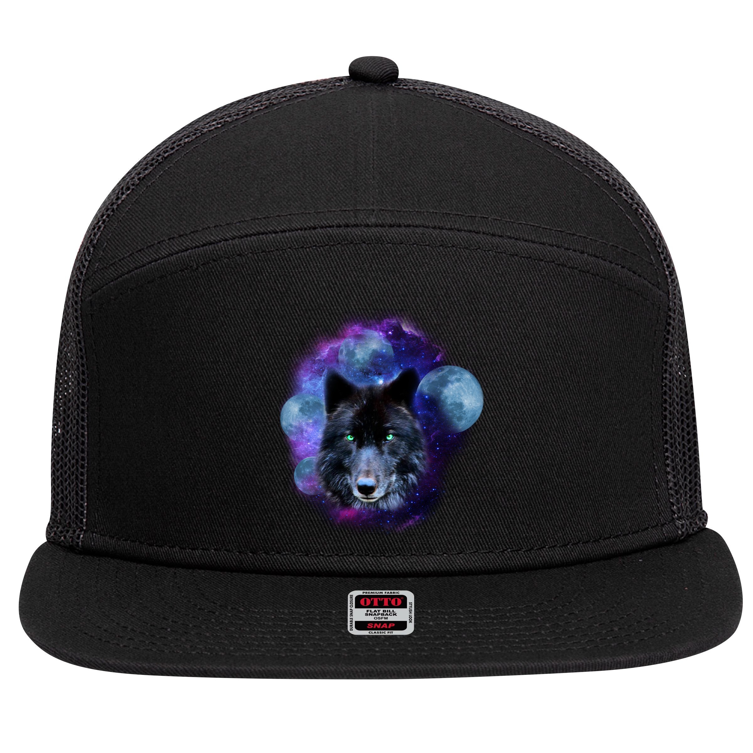 Dark Moon Wolf Galaxy 7 Panel Mesh Trucker Snapback Hat