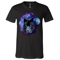 Dark Moon Wolf Galaxy V-Neck T-Shirt