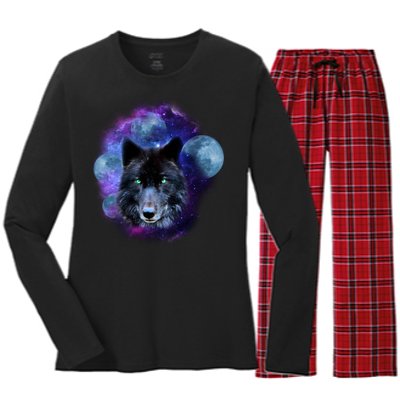 Dark Moon Wolf Galaxy Women's Long Sleeve Flannel Pajama Set 