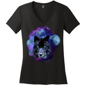 Dark Moon Wolf Galaxy Women's V-Neck T-Shirt