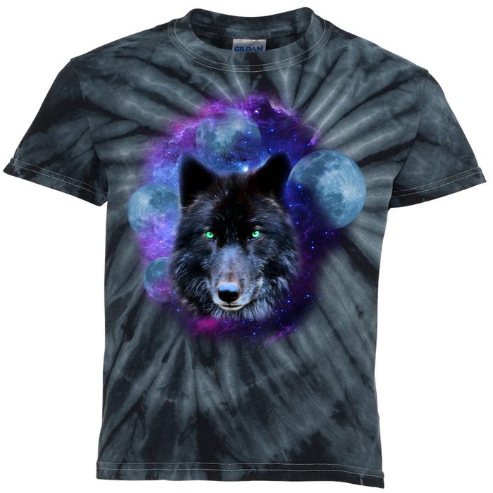 Dark Moon Wolf Galaxy Kids Tie-Dye T-Shirt