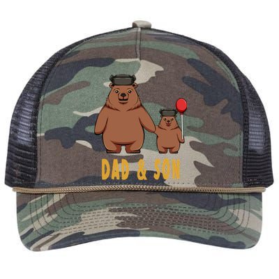 Dad And Son Matching Couple Bear Camping Birthday Father Funny Gift Retro Rope Trucker Hat Cap