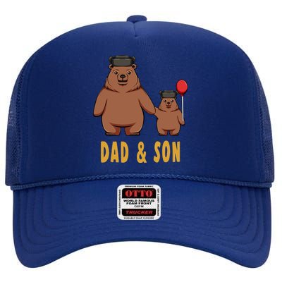 Dad And Son Matching Couple Bear Camping Birthday Father Funny Gift High Crown Mesh Back Trucker Hat