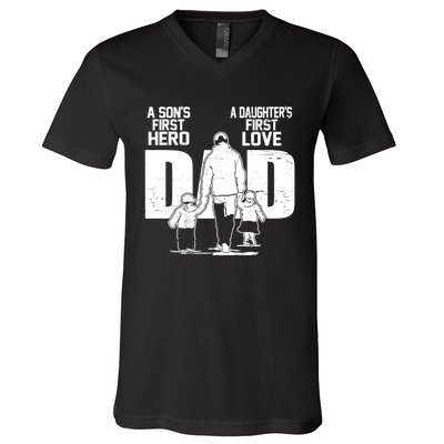 Dad A Sons First Hero Daughters First Love Fathers Day From Son Daughter To Dad V-Neck T-Shirt