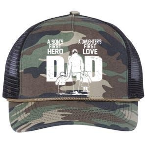 Dad A Sons First Hero Daughters First Love Fathers Day From Son Daughter To Dad Retro Rope Trucker Hat Cap