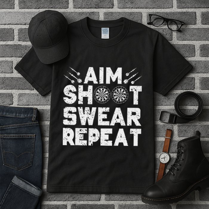 Darts Aim Shoot Swear Repeat Dartboard Funny Dart Player Tall T-Shirt