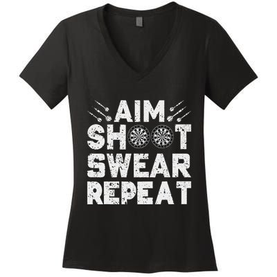 Darts Aim Shoot Swear Repeat Dartboard Funny Dart Player Women's V-Neck T-Shirt