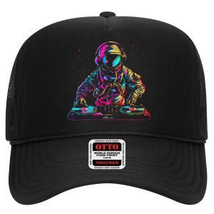 Dj Astronaut Space Edm Techno House Music Vinyl Record Funny High Crown Mesh Back Trucker Hat