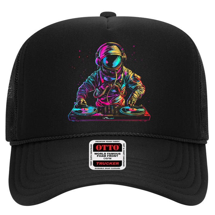 Dj Astronaut Space Edm Techno House Music Vinyl Record Funny High Crown Mesh Back Trucker Hat