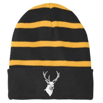 Deer Antlers Stag Head Striped Beanie with Solid Band