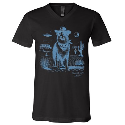 Dog Australian Shepherd Aussie Vintage Ufo Western Cowboy V-Neck T-Shirt