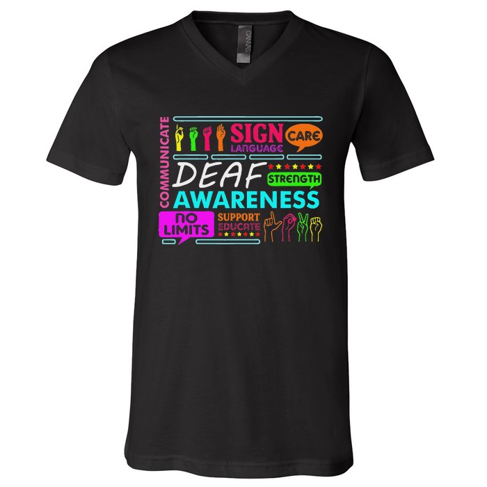 Deaf Awareness Sign Deafness Hearing Loss Warrior V-Neck T-Shirt