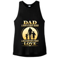 Dad A SonS First Hero A DaughterS First Love Ladies PosiCharge Tri-Blend Wicking Tank