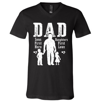 Dad A Sons First Hero A Daughters First Love Daddy Papa Pops V-Neck T-Shirt