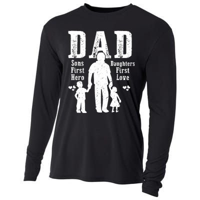 Dad A Sons First Hero A Daughters First Love Daddy Papa Pops Cooling Performance Long Sleeve Crew