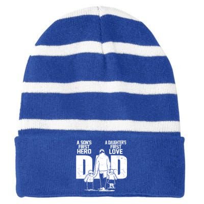 Dad A Sons First Hero Daughters First Love FatherS Day Gift Meaningful Gift Striped Beanie with Solid Band