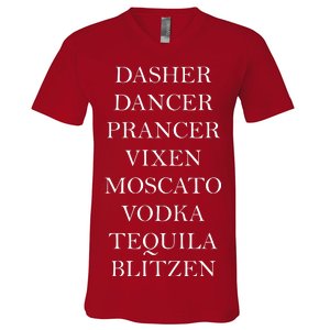 Dasher Dancer Prancer Vixen Moscato Vodka Tequila Blitzen Christmas V-Neck T-Shirt