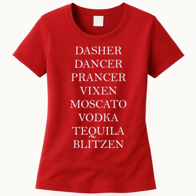 Dasher Dancer Prancer Vixen Moscato Vodka Tequila Blitzen Christmas Womens T-Shirt