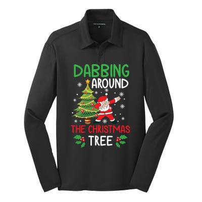 Dabbing Around The Christmas Tree Funny Santa Claus Holiday Gift Silk Touch Performance Long Sleeve Polo