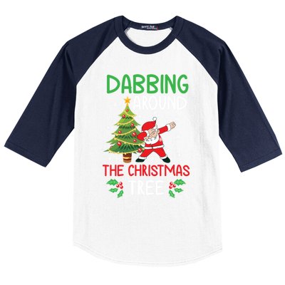 Dabbing Around The Christmas Tree Funny Santa Claus Holiday Gift Baseball Sleeve Shirt