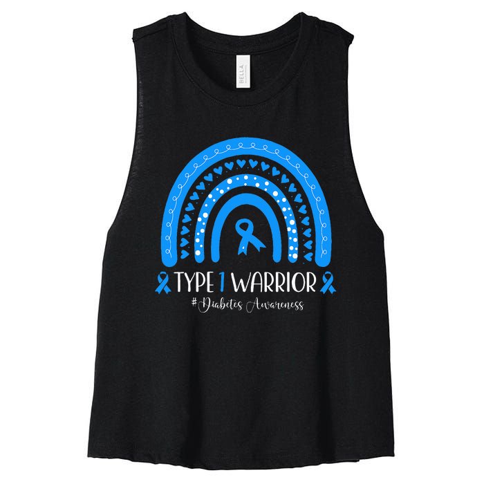  Diabetes Awareness Type 1 Warrior T1D Blue Ribbon Women's Racerback Cropped Tank