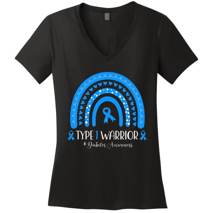  Diabetes Awareness Type 1 Warrior T1D Blue Ribbon Women's V-Neck T-Shirt