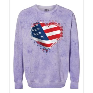 Distressed American USA Flag Heart Colorblast Crewneck Sweatshirt