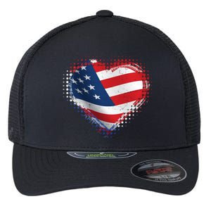 Distressed American USA Flag Heart Flexfit Unipanel Trucker Cap