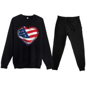 Distressed American USA Flag Heart Premium Crewneck Sweatsuit Set