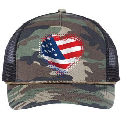 Distressed American USA Flag Heart Retro Rope Trucker Hat Cap