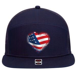 Distressed American USA Flag Heart 7 Panel Mesh Trucker Snapback Hat